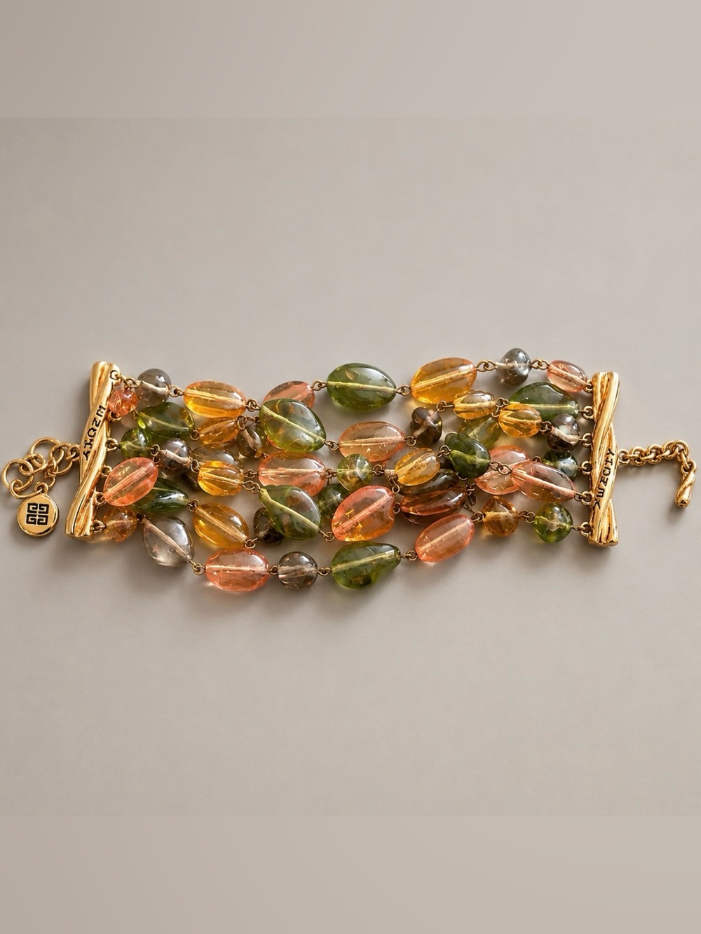 Vintage Givenchy 4G Multi-Strand Poured Glass Beaded Bracelet Gold Tone Haute Co